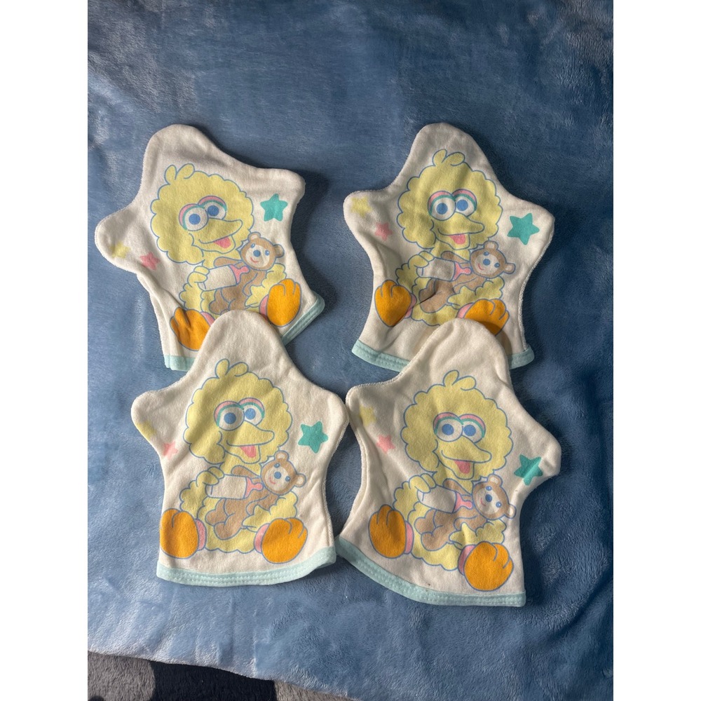 VTG Sesame Street Big Bird Bath Terry Cloth Washcloth Hand Mitt Set of 4 - Picture 3 of 6
